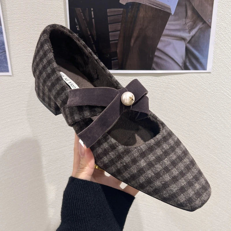 Elegant Chunky Heel Mary Jane Shoe for Women Bowknot Pearls Decoration Plaid Print Design Autumn Pumps Fashion Party Dress Heels LadyShow.Store