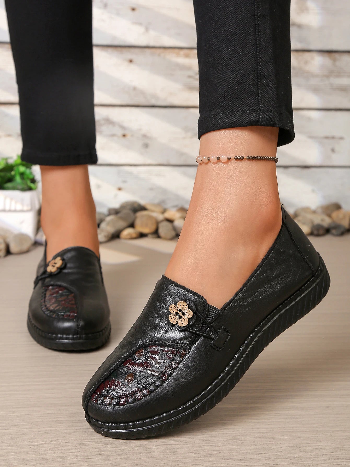 Women's Spring Autumn Leather Loafers Floral Embossed Slip‑On Flats Anti‑Slip Comfort Casual Mom Daily Walking Free Shipping Pi-Mart