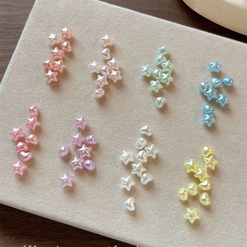 100PCS 2PACKS Macaron Star Heart 3D Pearlescent Pearl Rhinestone Nail Charms Mixed Color 6.5*10mm for Manicure DIY Love Heart Pi-Mart