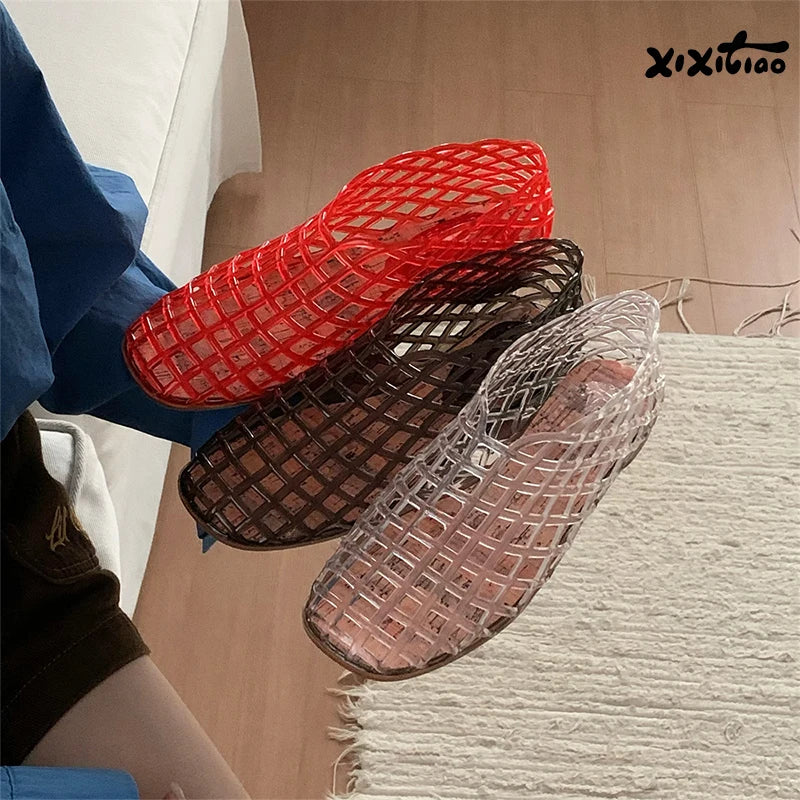 XIXITIAO Women's Sandals Fashion Openwork Sandals Summer Comfortable Anti-slip Flat Jelly Shoes Hollow Outdoor Slip On Footwear LadyShow.Store