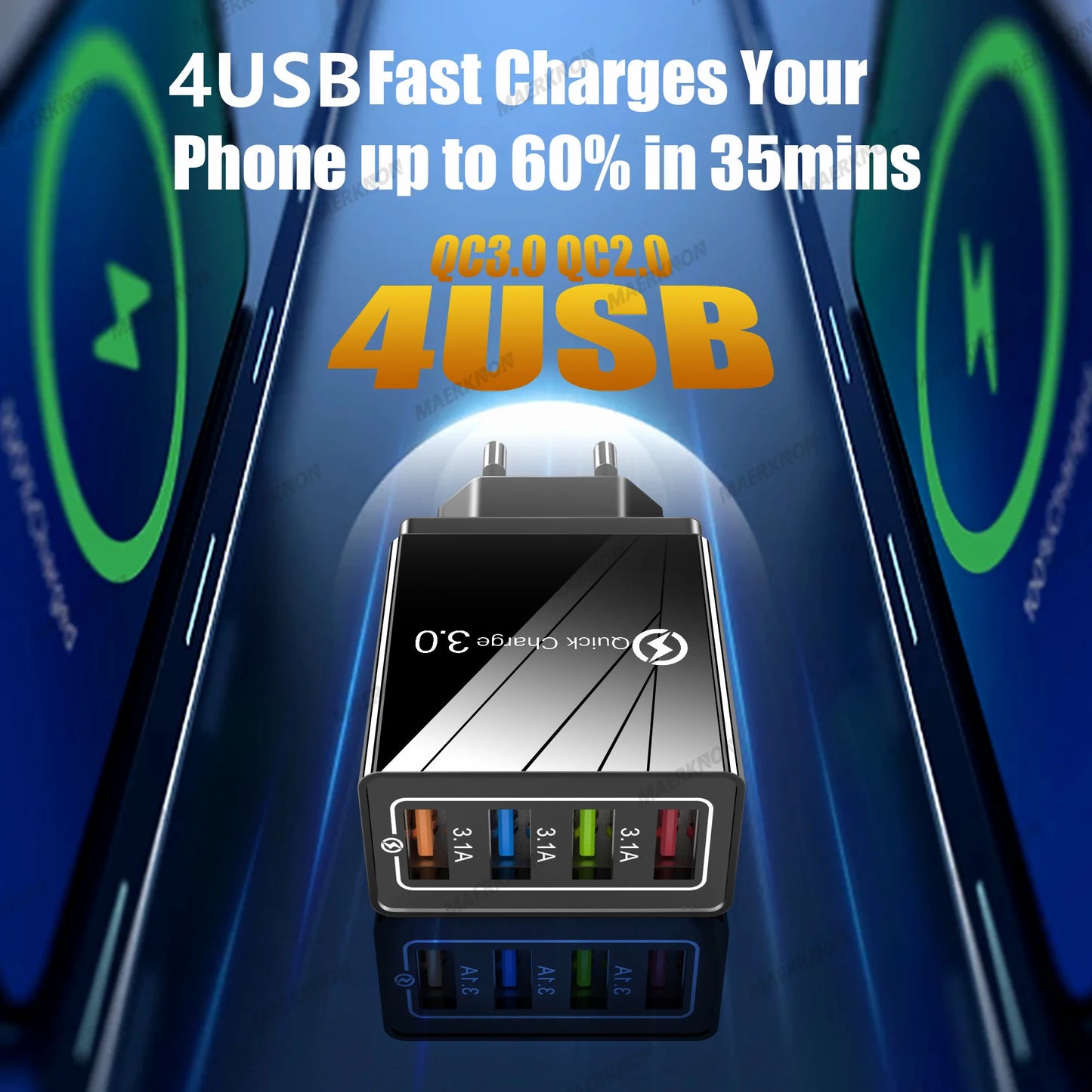 3A USB Charger 4 Ports USB Quick Charge 3.0 EU US Plug For iPhone Samsung Xiaomi Poco Fast Charging Mobile Phone Charger Adapter Pi-Mart