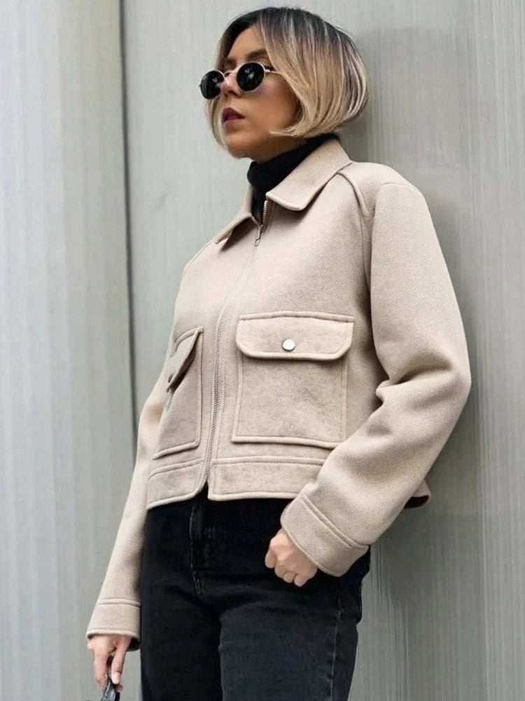 SLTNX Women's Zipper Jacket Coat New Winter Long Sleeve Pocket Outerwear Coat Short Street Elegant Women's Jacket LadyShow.Store