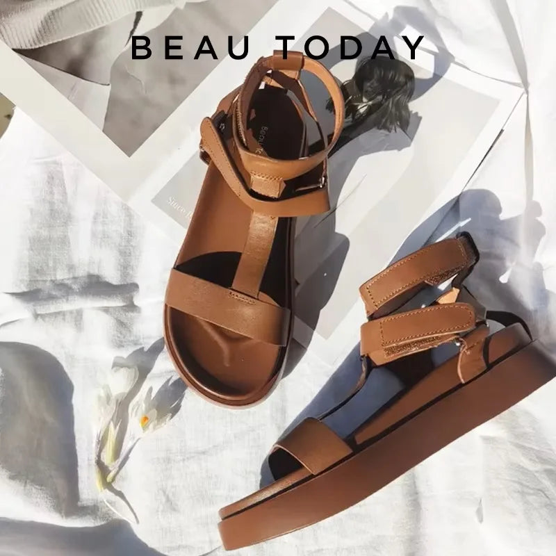 BeauToday Summer Gladiator Sandals Women Calfskin Leather Open Toe T-bar Strap Hook & Loop  Summer Ladies Shoes Handmade 07130 LadyShow.Store