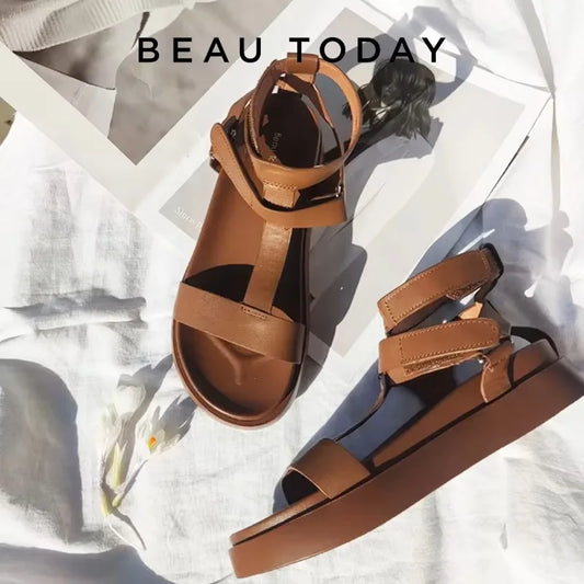 BeauToday Summer Gladiator Sandals Women Calfskin Leather Open Toe T-bar Strap Hook & Loop  Summer Ladies Shoes Handmade 07130 LadyShow.Store