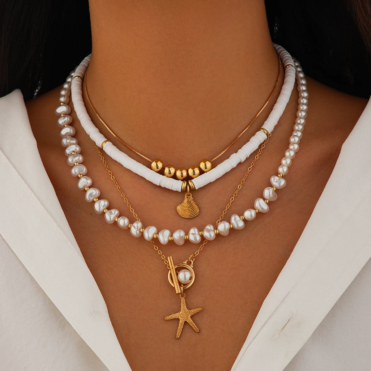 Ingemark 3Pcs/Set Bohemian Scallop Starfish Pendant Necklace for Women  Elegant Imitation Pearl Chain Jewelry Accessories Gift Pi-Mart