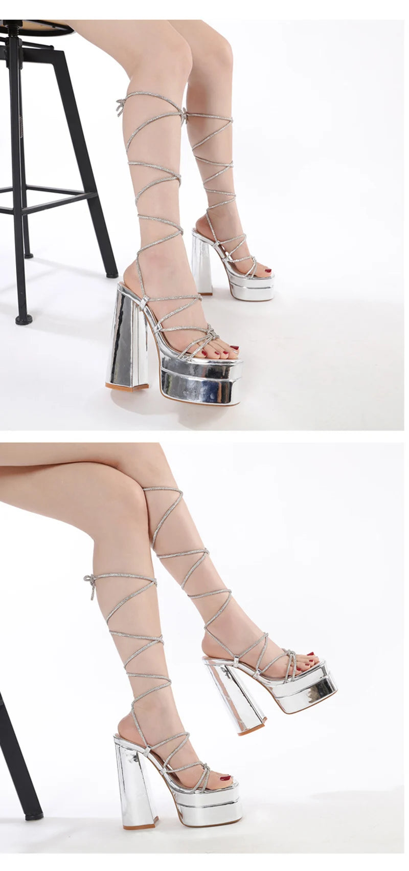 MM2025 New Arrival Rhinestone Embellished Knot T-Strap Heels Roman Peep-toe Summer Sandals Shiny Perfomance Anniversary Footwear Pi-Mart