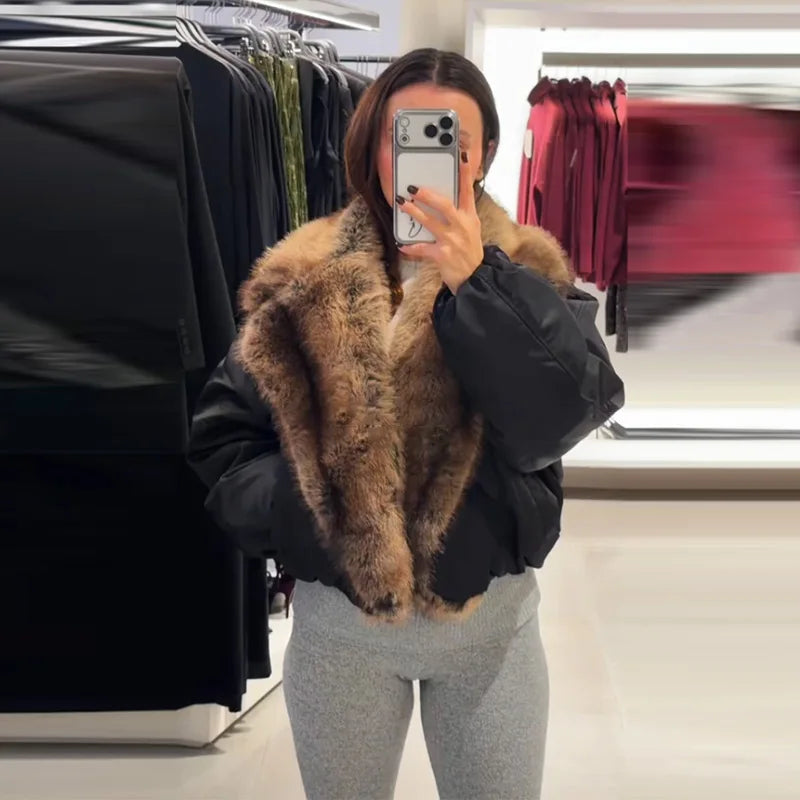 Fashion Faux Fur Patchwork Cotton Coat Women Lapel Zipper Pocket Cropped Street Warm Jacket 2026 Winter Lady Puffer Jackets New Pi-Mart