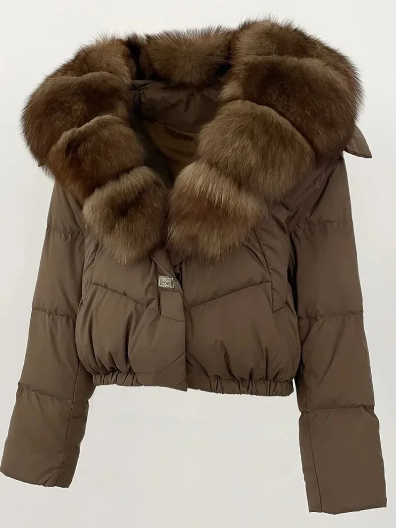 Down Jacket Women Short Puffer Jacket Thick New Big Natural Real Fox Fur Coat  Autumn Winter Female White Duck Down Coat Feather LadyShow.Store