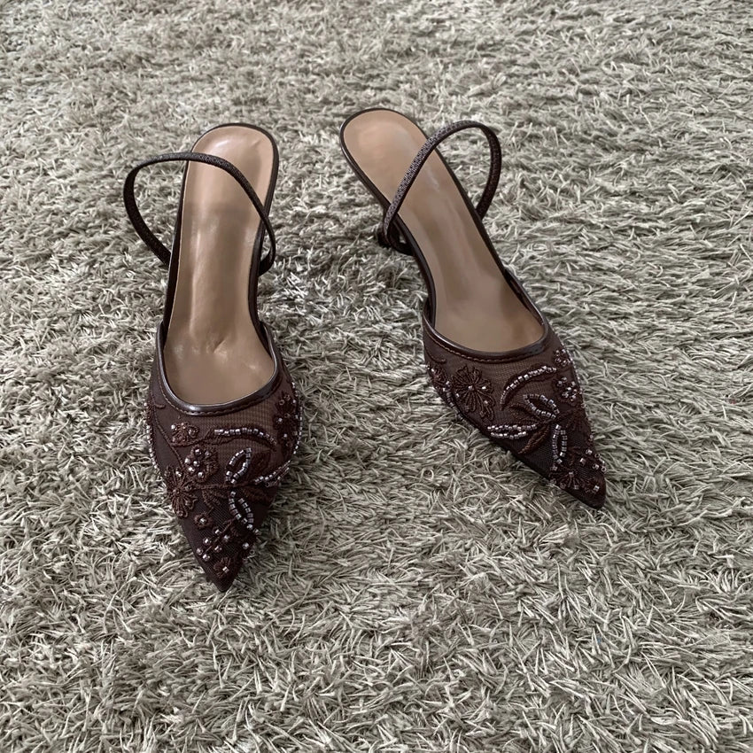 2026 String Bead Mesh Embroider Slingback High Heels Women Sexy Pointed Toe Heeled Sandals Summer Elegant Luxury Designer Shoes Pi-Mart