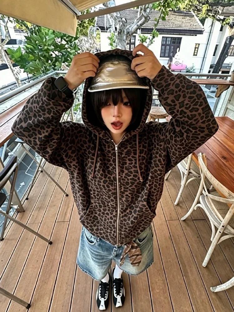 Y2K Leopard Print Hooded Jacket Women Full Zip Drawstring Hood Long Sleeve Loose Fit Streetwear Street Club Ladies Outerwear Pi-Mart