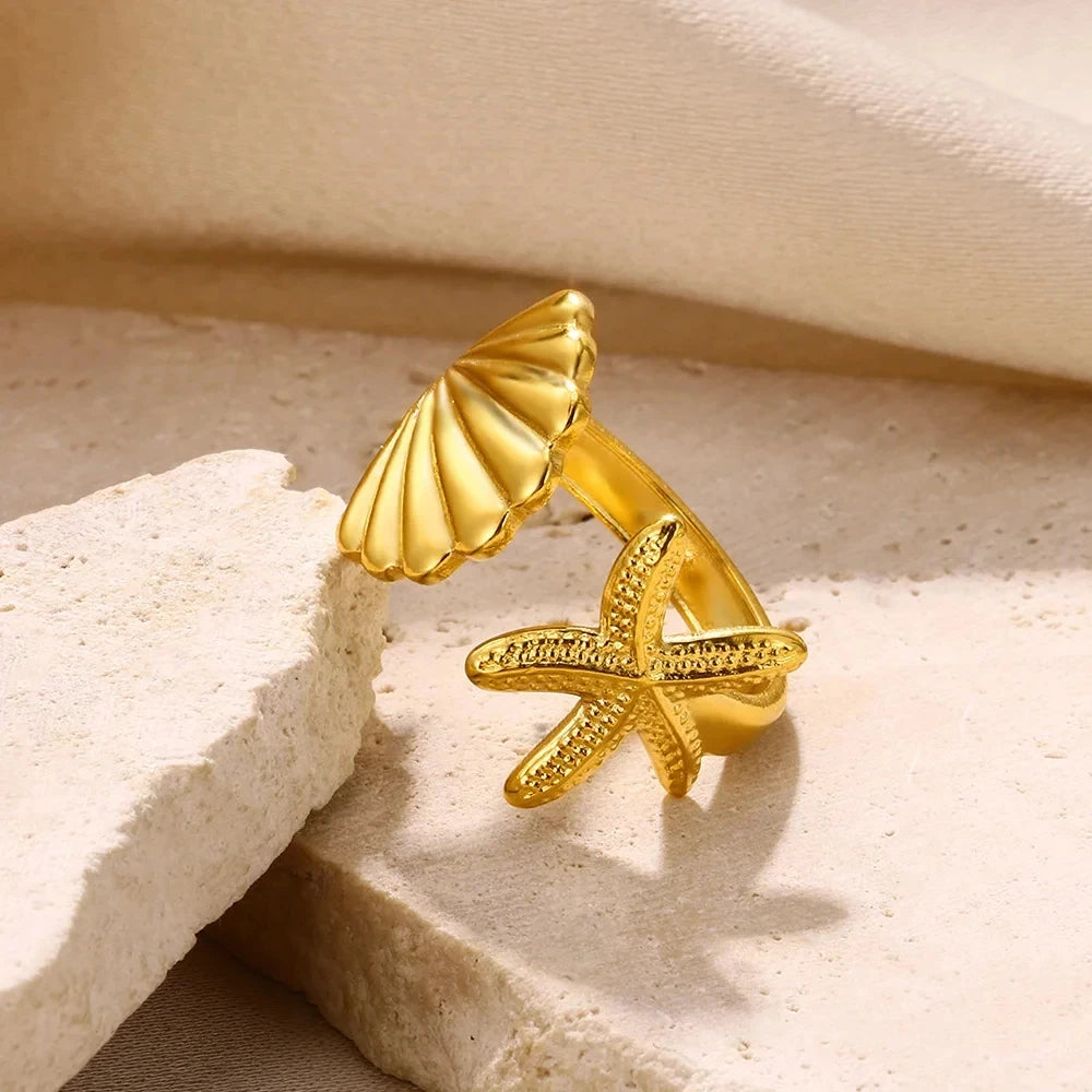 316L Stainless Steel Shell Rings for Women Adjustable Gold Color Little Star Open Rings Female Jewelry Weddings Gifts New Trendy Pi-Mart