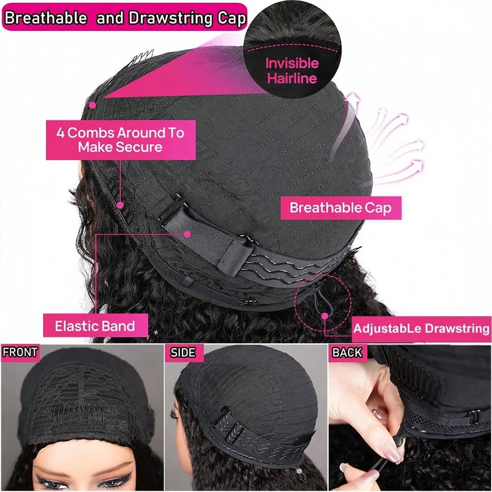 Jerry Curly Half Wig Human Hair Seamless Kinky Curly 3 In 1 Half Wig  Glueless  Heandband Clip In Wig No Sew In Black Color LadyShow.Store