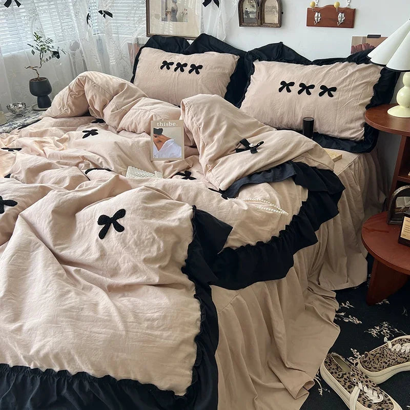 Black Bow Cotton Bedding Set, Princess Style Cute Girl Skin Friendly Soft Duvet Cover, Bed Sheet or Bed Skirt Pillowcase Pi-Mart