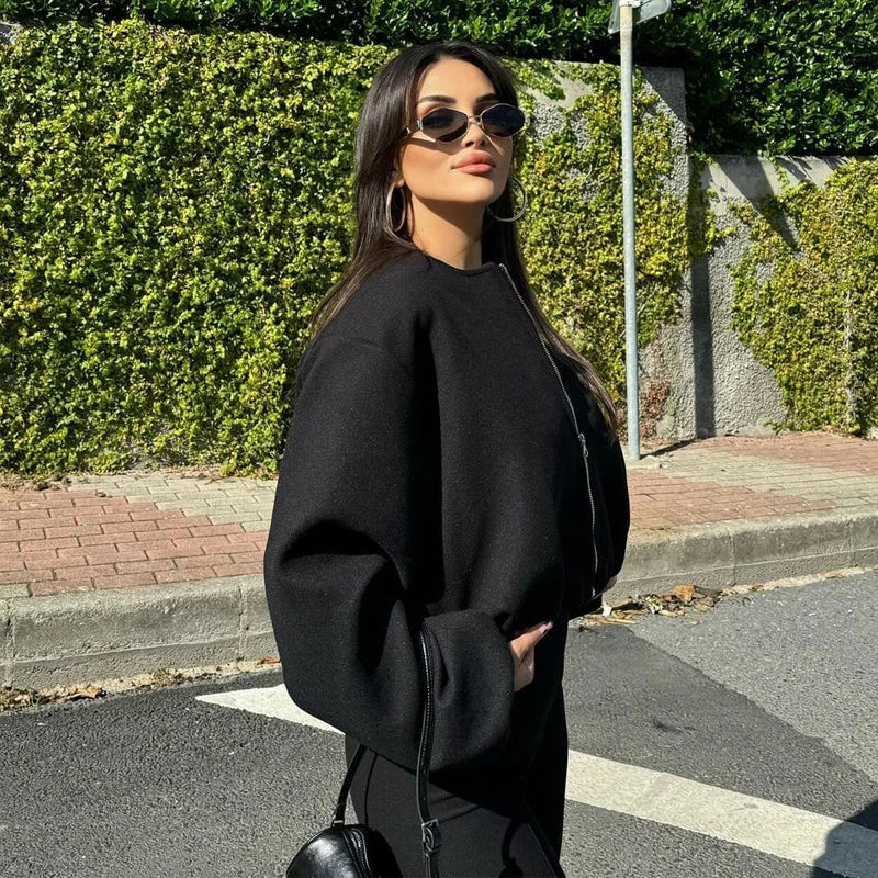 MUJER Black Bomber Jackets for Women Zipper Varsity Jackets Women Soft Cropped Jackets Woman 2025 Long Sleeve Winter Coat Female LadyShow.Store