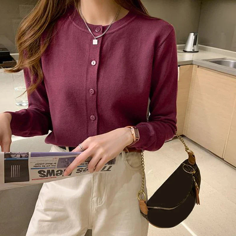 Rimocy Knitted Cardigan Jacket Women 2025 Spring Autumn Round Neck Casual Cardigans Woman Solid Color Slim Korean Jumpers Female LadyShow.Store