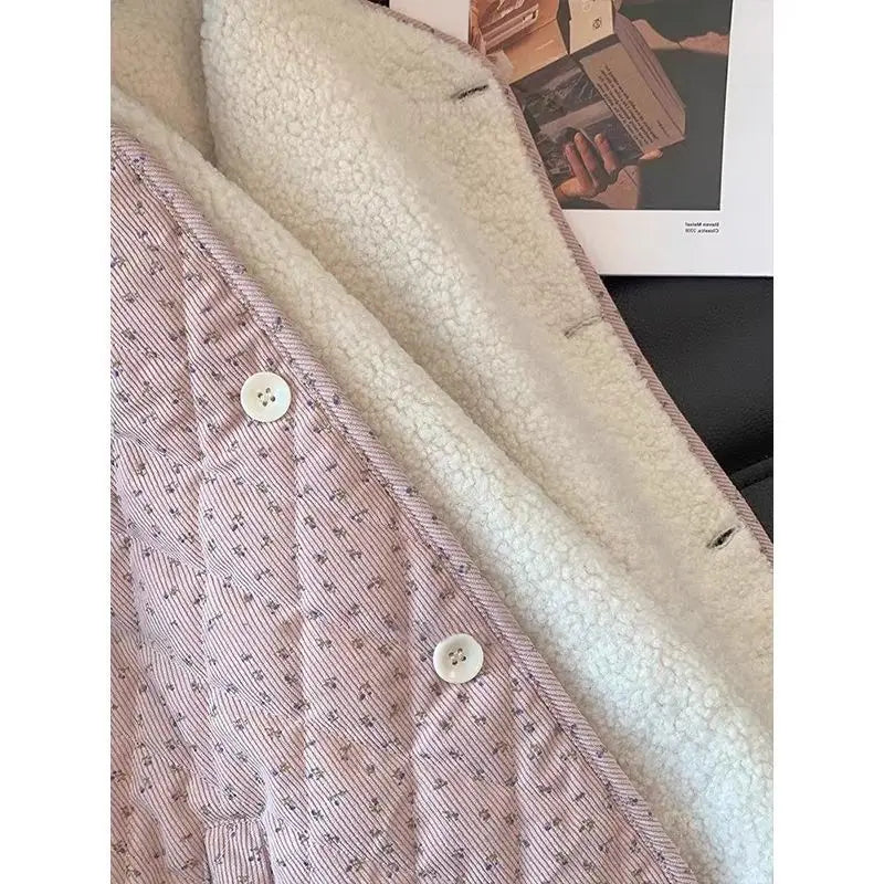Chic Floral Corduroy Jacket for Women - Korean Loose Fit Round Neck Long Sleeve Cotton Top, Warm Versatile Autumn Winter Shacket Pi-Mart