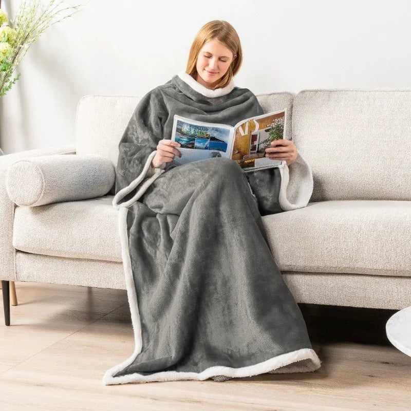 Grey Wearable Lazy TV Blanket With Sleeve,TV Sofa Blankets For Men Women,Thick Fleece Blanket Winter Adult Cozy Soft Nap Blanket Pi-Mart