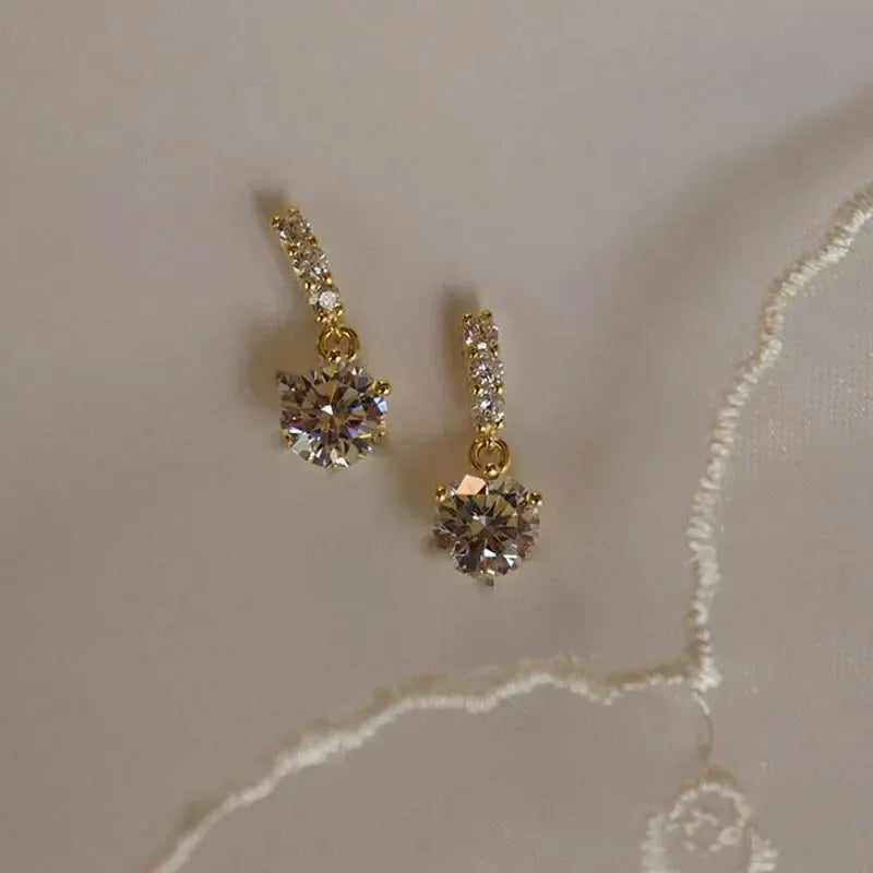 Gold Color Metal Bar Round Cubic Zirconia Stone Earrings Stud For Women Bowknot Shape CZ Post Earring Classic Sparkling Earring Pi-Mart