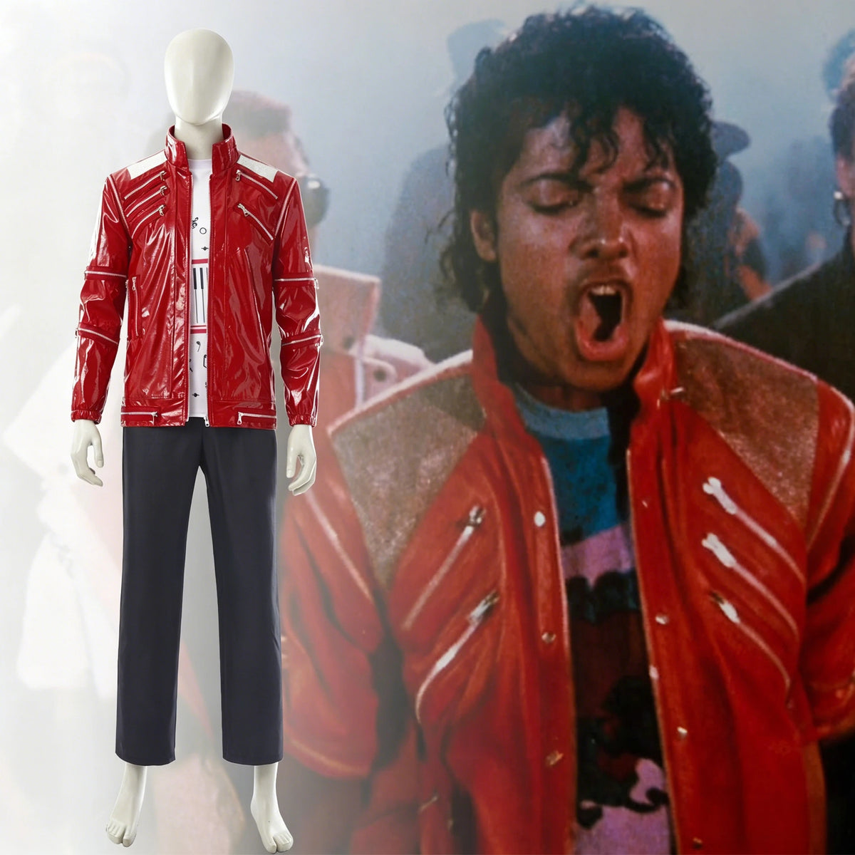 Red Zipper Michael Jackson MJ Beat It Jacket for Impersonators PU Leather Punk Casual Coat Halloween Stage Christmas Outwear Pi-Mart