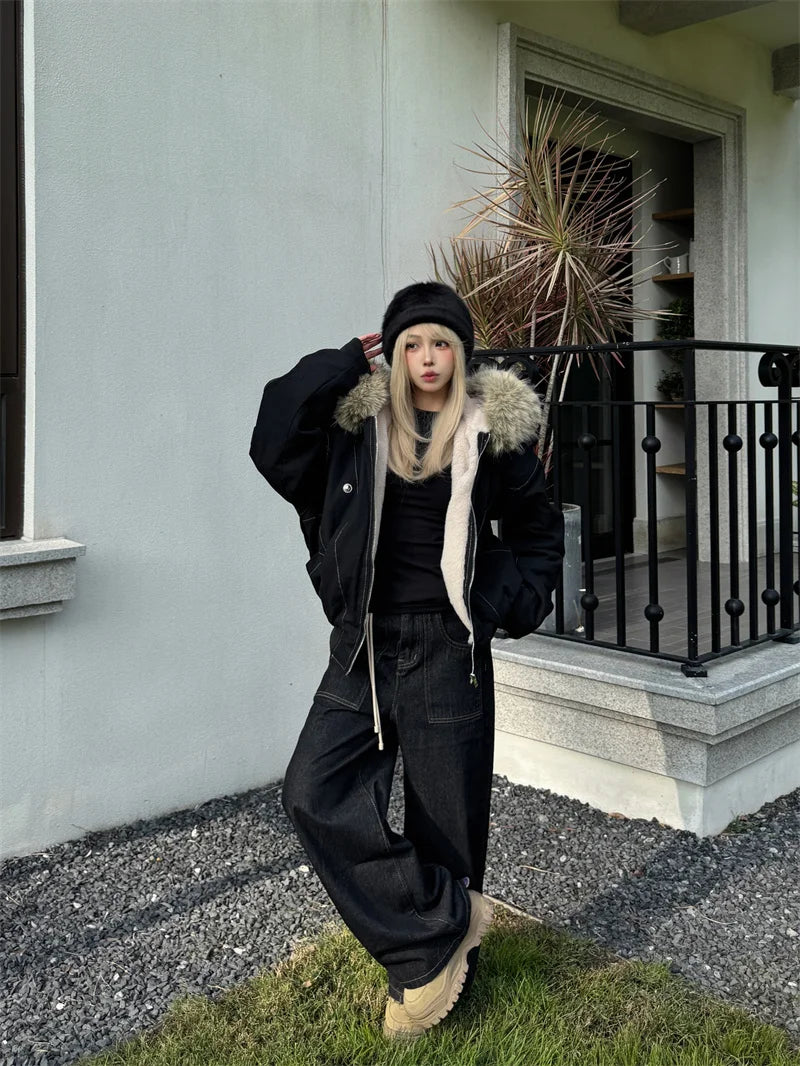 ZAROY Fur Collar Hooded Parkas Y2k Harajuku Thicken Padded Jackets Casual Zipper Gothic Women&Men Winter Coats Streetwear кур Pi-Mart