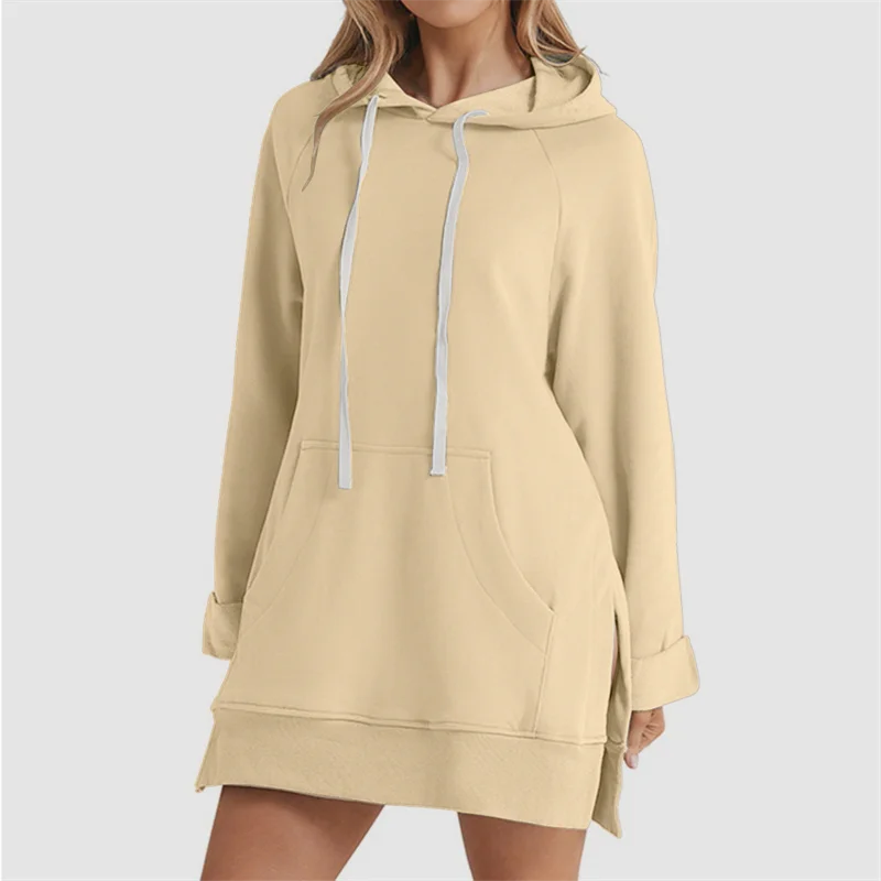 Women Hoodie Dress Slit Hem Drawstring Loose with Big Pocket Hooded Pullover Mid Length Top Commuting Dating Sport HoodieCYXX385 LadyShow.Store