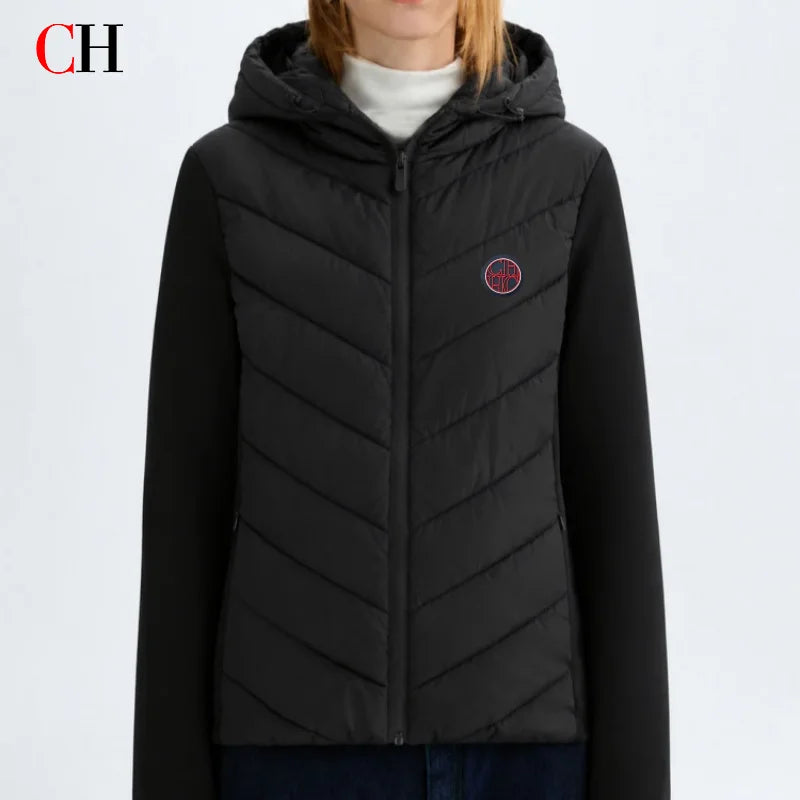 CH Womens Circular Chest Patch Badge Chevron Quilted Hooded Puffer Jacket Panel Sleeves Daily Commute Wear LadyShow.Store