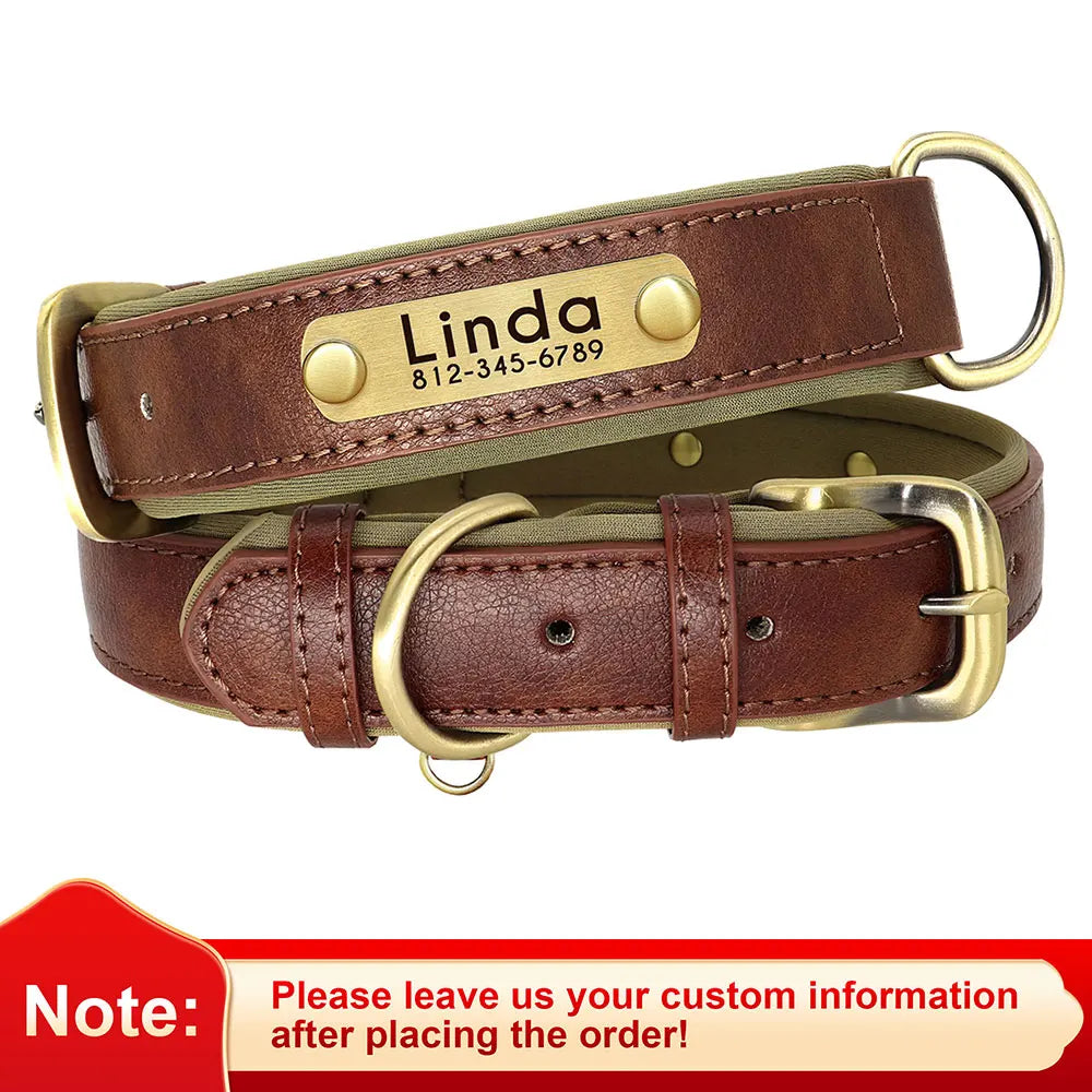 Customized PU Leather Nameplate Dog Collar Soft Padded Dogs Collars Free Engraving Name for Small Medium Large Dogs Adjustable LadyShow.Store