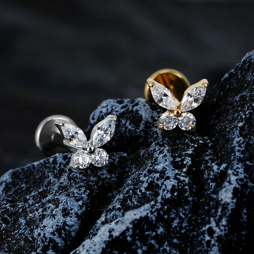 Right Grand ASTM F136 Titanium 16G Mini Butterfly CZ Labret Tragus Cartilage Conch Forward Helix Stud Nose Piercing Body Jewelry Pi-Mart