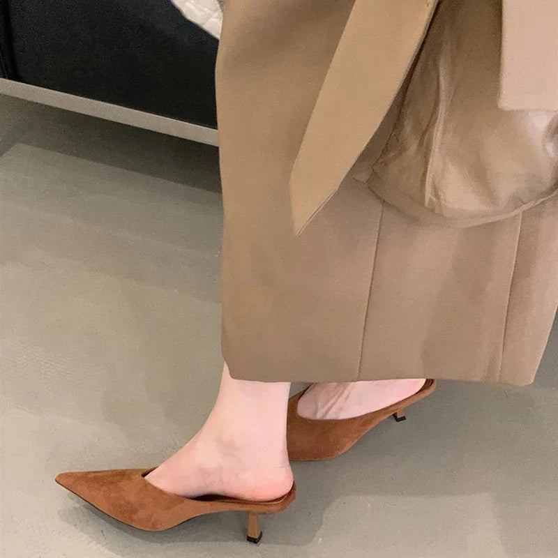 Summer Fashion Thin Mid Heels Women Slippers Elegant Pointed Toe Party Dress Mule Slides Shoes Zapatos Mujer LadyShow.Store