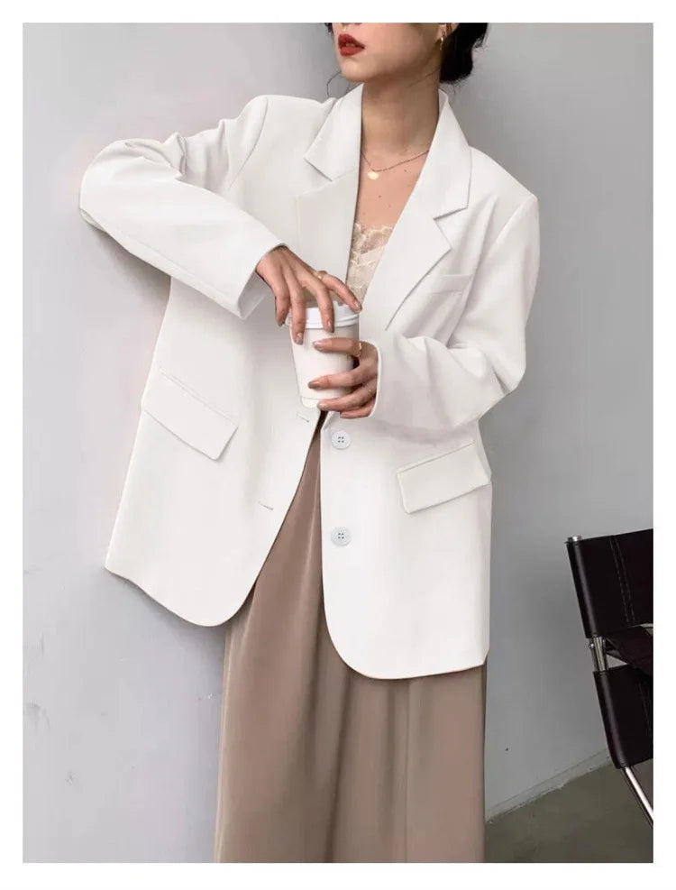 Mid Length Blazer Jacket Women Solid Long Sleeve Pocket Lapel Single Beasted Formal Coat Outerwear Loose Work Casual Blazers Pi-Mart