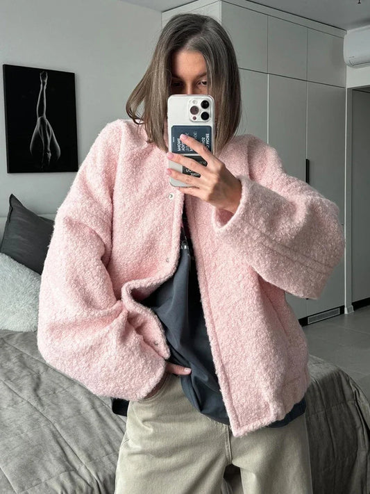 TARUXY Pink Short Fur Jacket Coat For Women Autumn Winter Casual Stand Collar Pocket Loose Fashion Long Sleeve Jacket Top Female LadyShow.Store