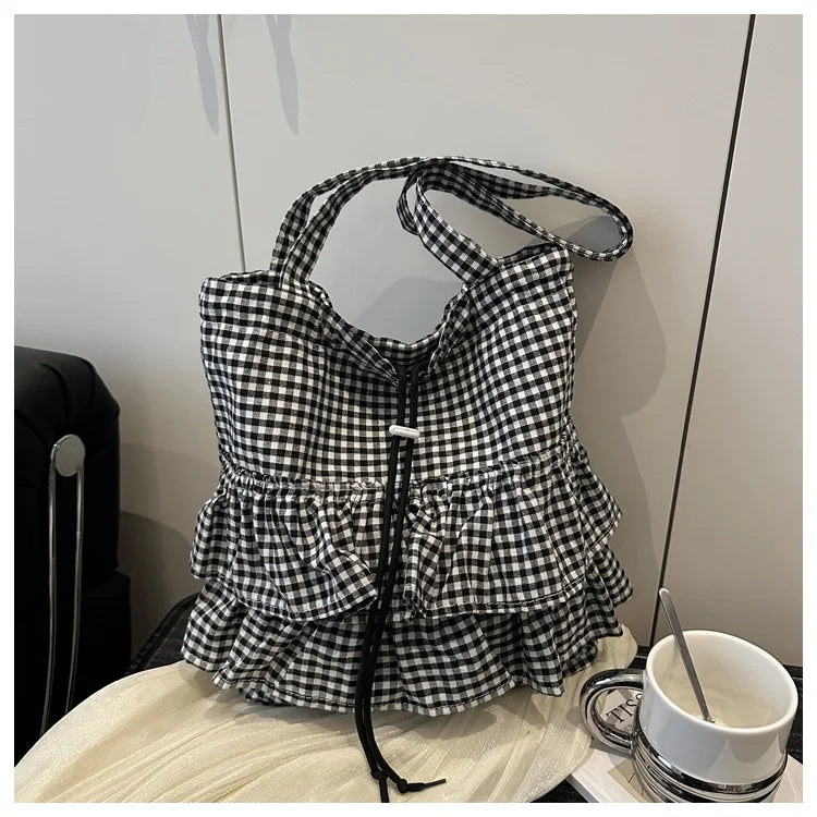 Large Capaci Cute Plaid Cotton Tote Bag  Lace Trim Women's Summer 2025 Simple Lady Handbag Soft Shoulder Bags Bolsa Feminina Pi-Mart