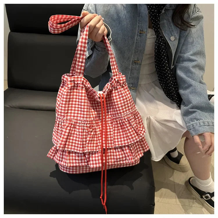 Large Capaci Cute Plaid Cotton Tote Bag  Lace Trim Women's Summer 2025 Simple Lady Handbag Soft Shoulder Bags Bolsa Feminina Pi-Mart
