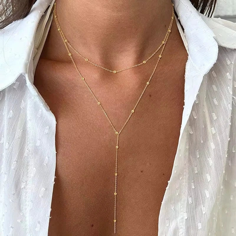 Stainless Steel Lariat Necklace Gold Plated, Dainty Long Necklace Laryered Necklaces For Women Girls, Y Shape Drop Pendant Pi-Mart