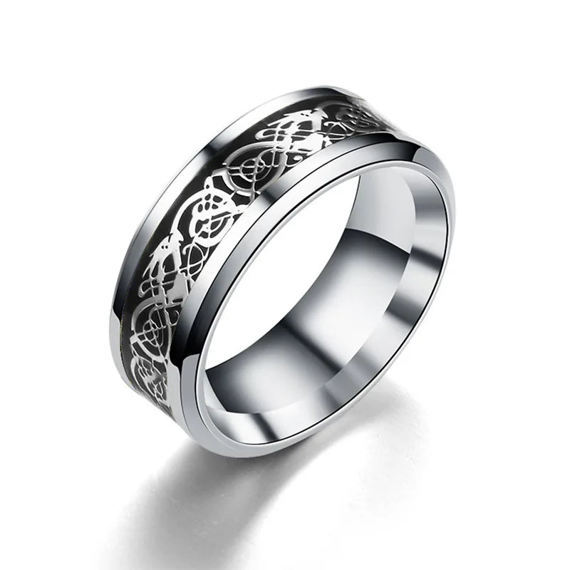 Classic 8mm Black Tungsten Wedding Celtic Dragon For Men Fashion Stainless Steel Red Carbon Fiber Ring Band Pi-Mart