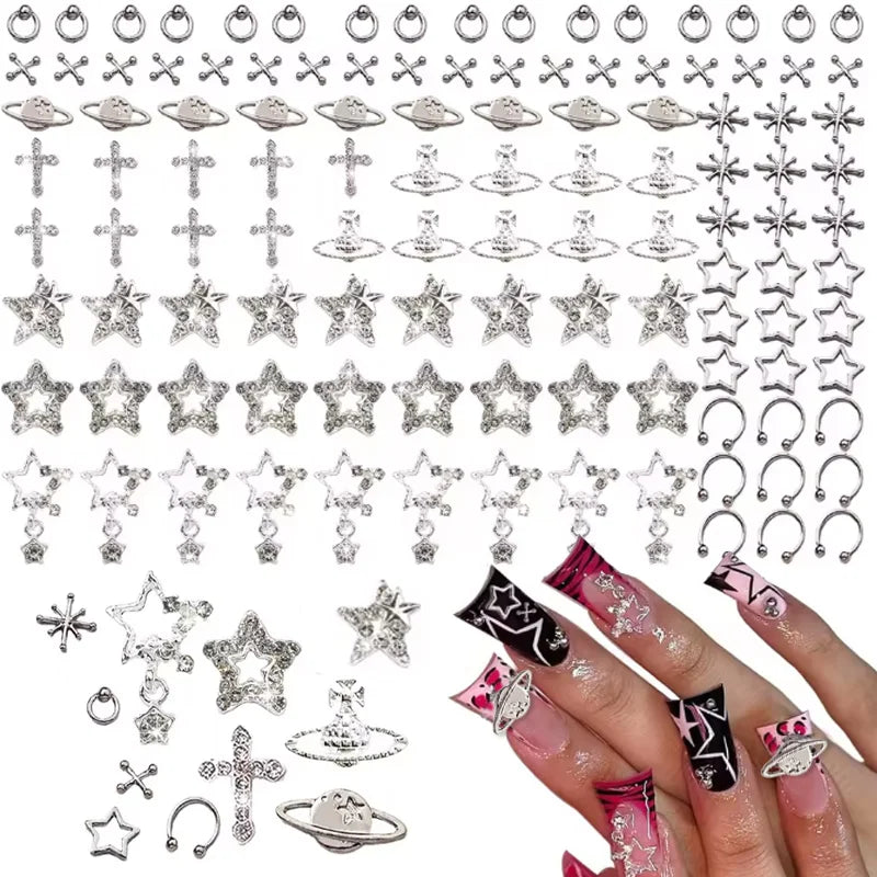 80PCS Star Nail Charms for Acrylic Nails,Silver Star Planet Cross Alloy Nail Art Decoration, Nail Stones Nail Jewels Accessorie Pi-Mart