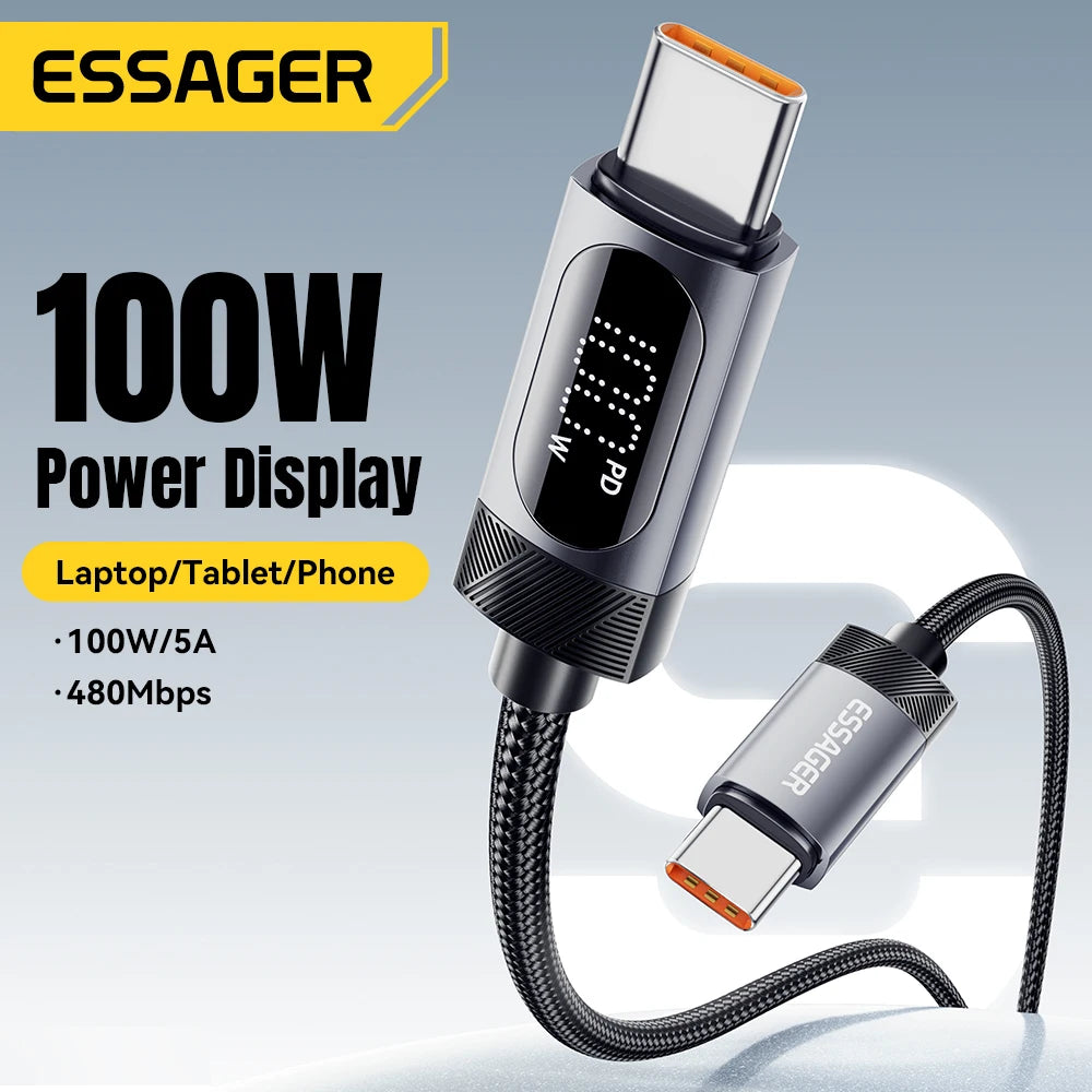 Essager Digital Dispaly USB C Cable For iPhone 17 16 15 Xiaomi Huawei 100W PD Fast Charging For Macbook iPad Type C to C Cable Pi-Mart