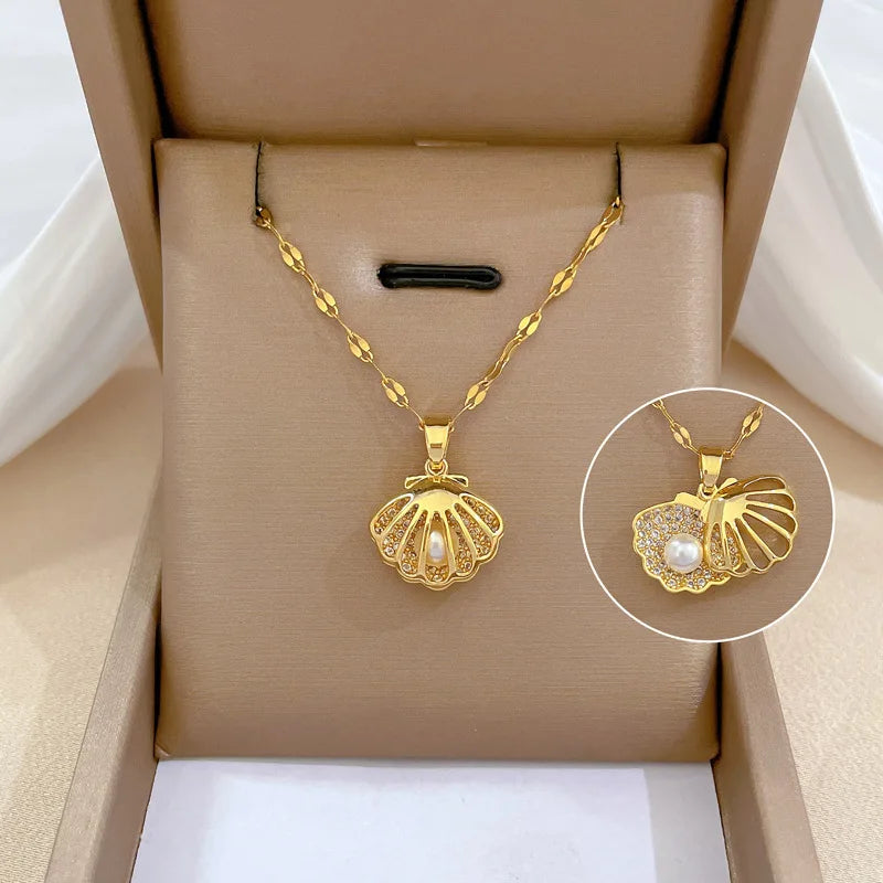 ZAKOL Korean Light Luxury Shell Pearl Necklace For Women Micro Inlaid Zircon Love Heart Moon Choker Wedding Jewelry Pi-Mart