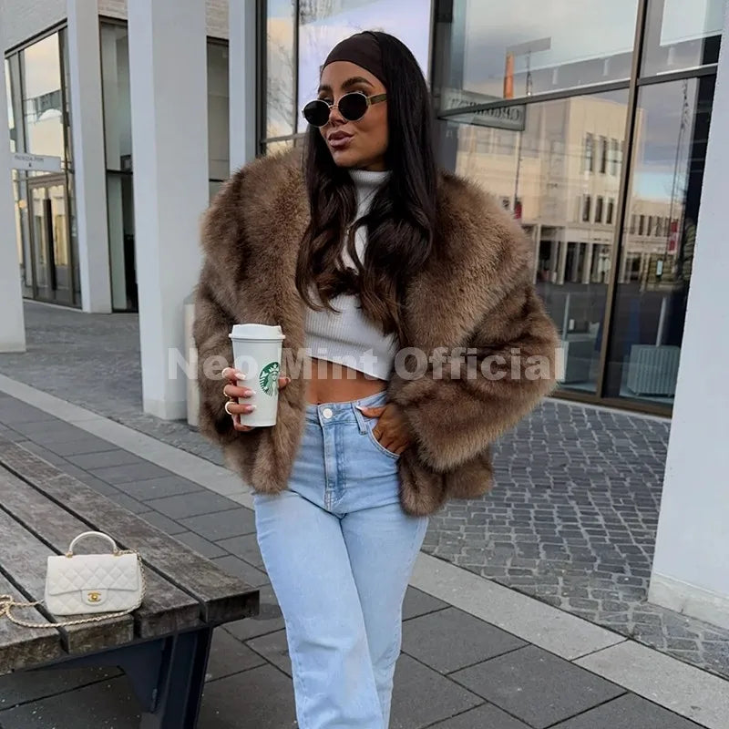 Neo Mint 2025 Winter Exclusive Striped Faux Fur Jacket Women Overcoat Brand Blogger Fashion Fluffy Fox Fur Collar Coat Outerwear LadyShow.Store