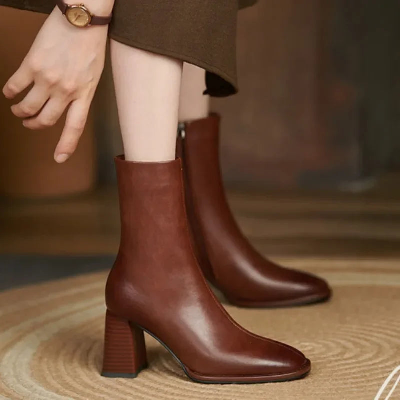 2024 Autumn and Winter New Fashion Square Head Retro High Thick Heel Side Zipper Skinny Short Boots Women's All-match Nude Boots Pi-Mart