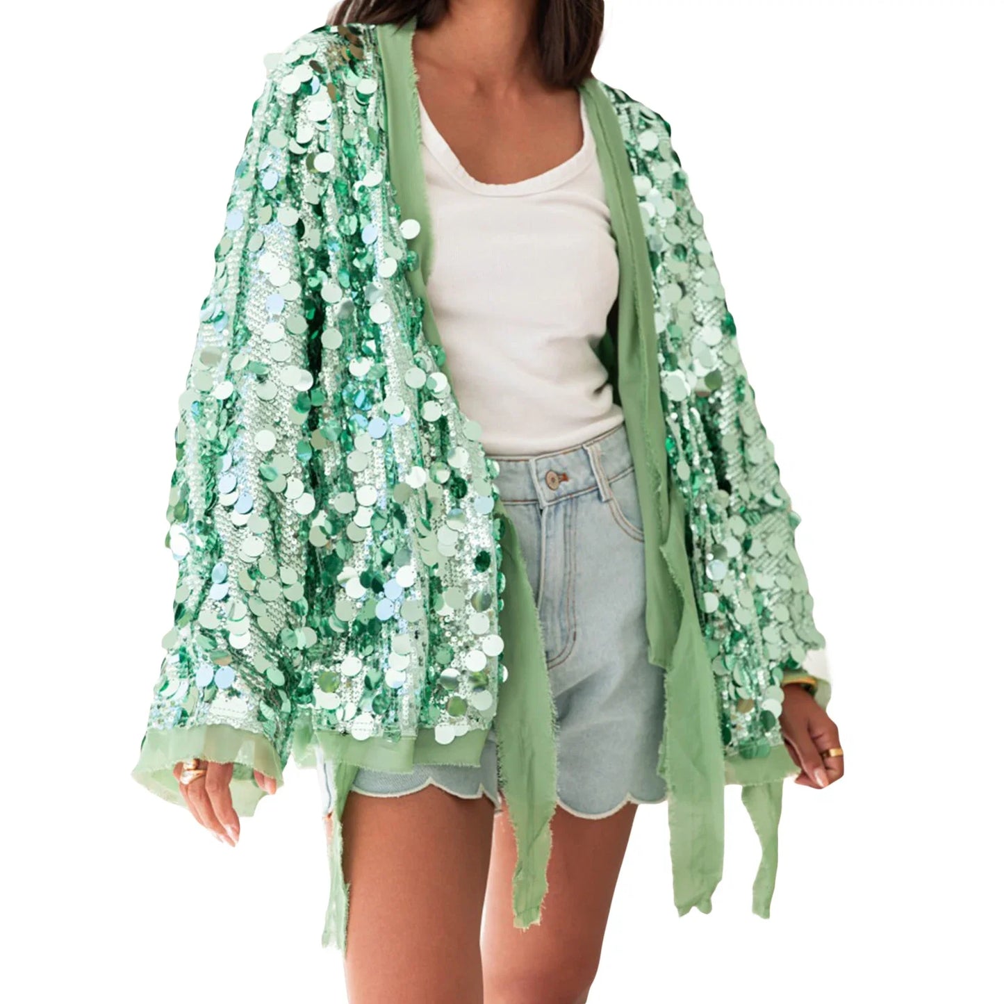 Shiny Sequin Cardigan for Women Trendy V Neck Front Wrap Tie Long Sleeve Coat Ladies Fashionable Sparkling Pullover Tops Punk LadyShow.Store