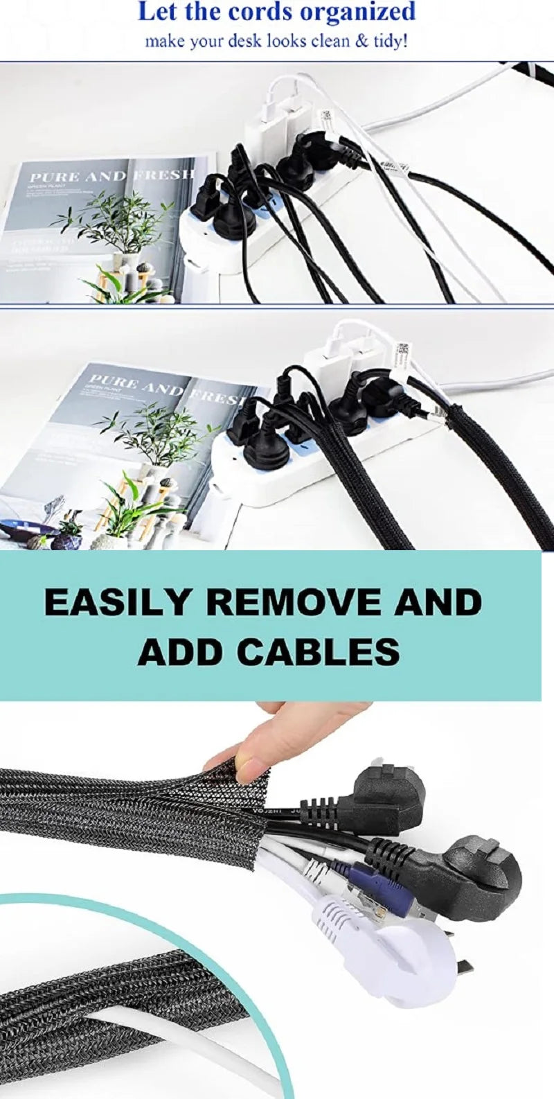 1M 3M 5M Braided Cable Sleeve PET Nylon Wrapping Cable Casing Cable Sleeves Wire for Desk PC TV Wire Protector Cable Wrap Cover Pi-Mart