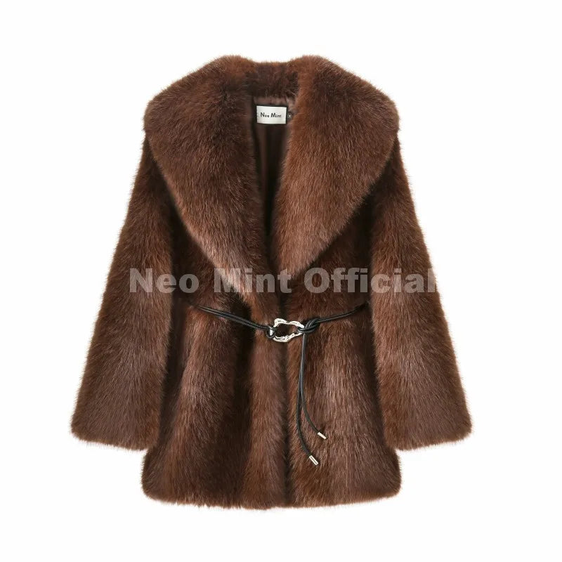 Neo Mint 2025 Winter Hot Brown Belted Faux Fur Coat Women Thick Warm Long Fox Fur Jacket Chic Brand Fashion Girls Furry Overcoat LadyShow.Store