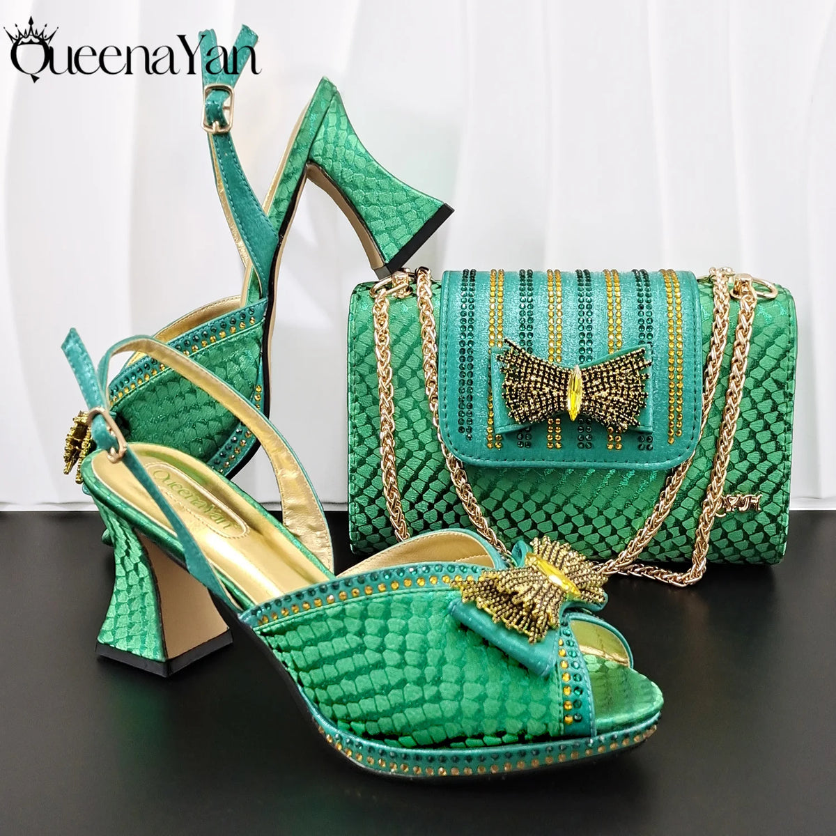 QueenaYan 2026 New Italian Pumps and Bag To Party  INS Style Open-Toe Rhinestone Elegant High Heels for Women Party Pi-Mart