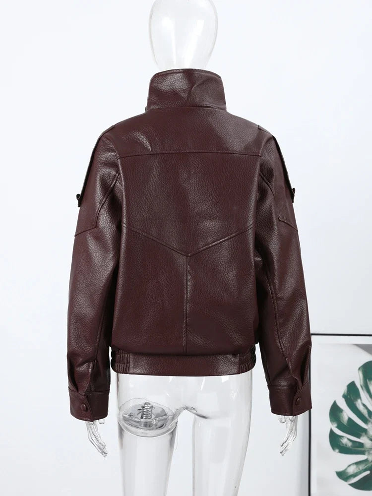 2026 Autumn Women's Faux Leather Jacket Brown Black Long Sleeve Stand Collar Thick Loose Lady Coat Fashion Motorcycle Streetwear LadyShow.Store