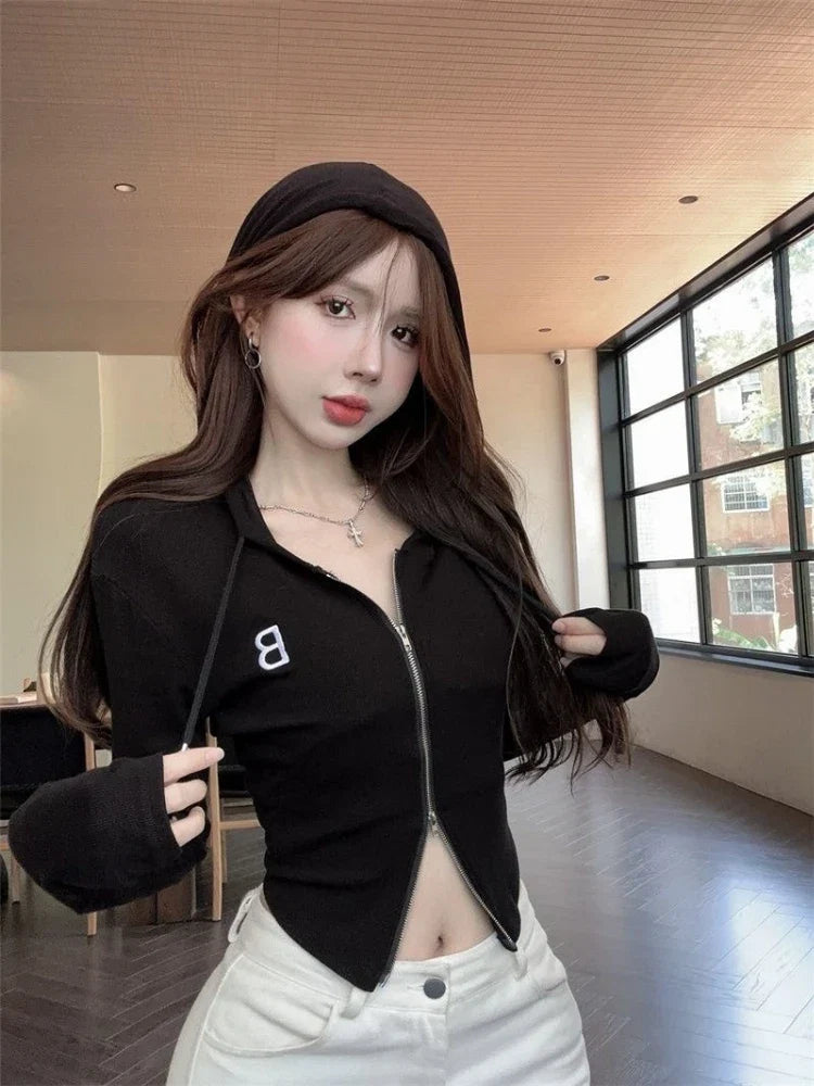 Y2k American Vintage Zip Up Hoodies 2000s Long Sleeve Subculture Hooded Sweatshirt Hot Girl Letter Short Slim Autumn Coat Chic LadyShow.Store