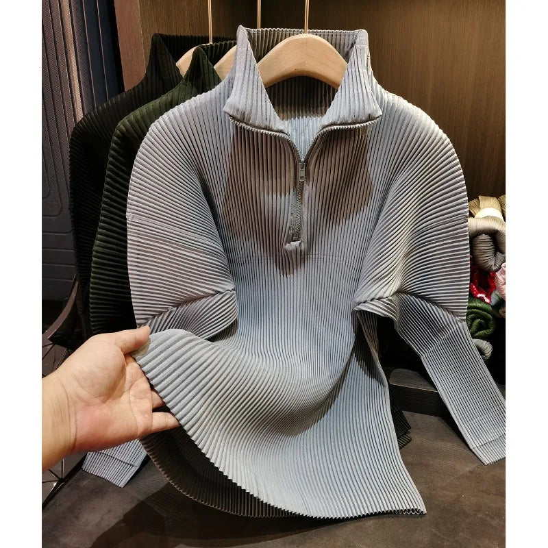 Miyake Pleated Sweatshirt Pit Stripe Zipper Standing Collar Jacket Women 2025 New Casual Pullover Hundred Pleat Skinny Tops LadyShow.Store