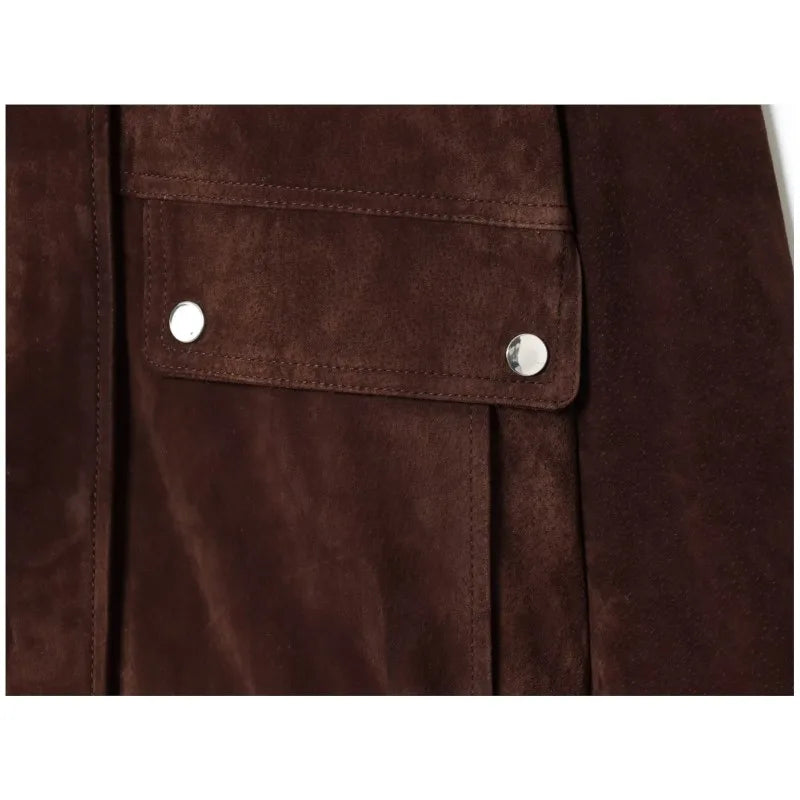 Women Suede Leather Jacket with Pockets Autumn Fashion High Collar Long Sleeve Button Jacket Lady Coats Causal Female Chic Tops LadyShow.Store