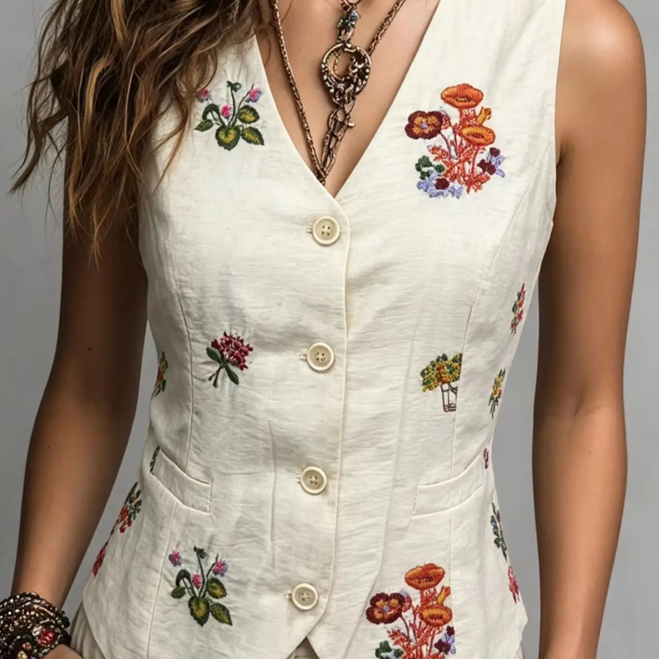Spring Summer Autumn Linen Gilet with Unique Random Embroidery, Elegant Versatile Commuter Outer‑wear Vest LadyShow.Store