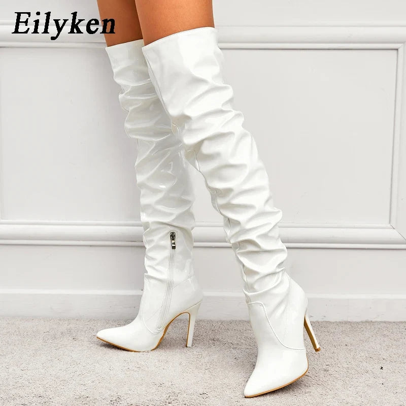 Eilyken Red Women Over The Knee Boots High Heels Patent Leather Solid Pointed Toe Stiletto Side Zipper Sapatos Femininos LadyShow.Store